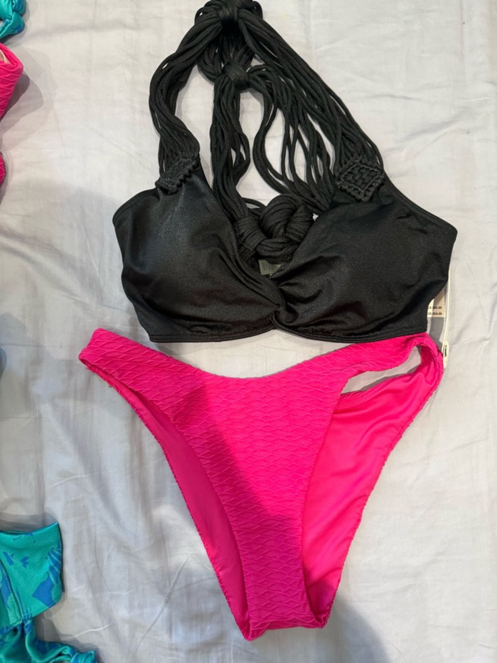 Victoria's Secret Black Halter Bikini Top with Hot Pink Textured Bottom